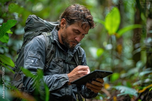 Man analyzing tablet data in woods