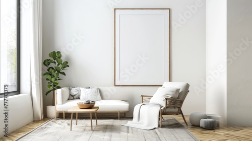 mock poster frame with modern interior background   living room   Scandinavian style   3D render.
