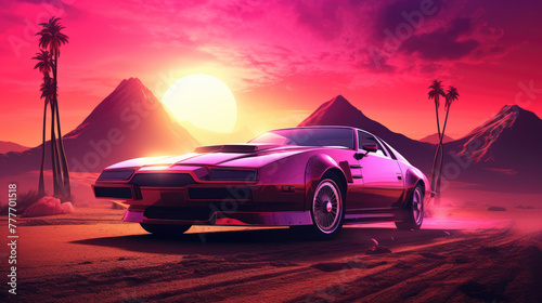 80s retro futuristic drive with vintage car. Stylized sci-fi landscape race in outrun VJ style, night sky. Vaporwave 3D illustration background for EDM music video, DJ set, club. 4k