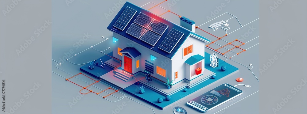 View of smart home with solar panels and energy graphs, 3d rendering illustration on grey background. View of smart home with solar panels and energy graphs, 3d rendering illustration on grey background.