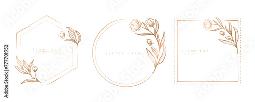 Set of floral frame templates in minimal linear style with hand drawn branches and leaves. Elegant frame. Botanical vector illustration for labels, corporate identity, wedding invitation, logo