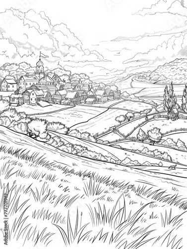 Black and white line art depicting an ancient settlement. Village amidst fields. Beautiful nature. Surrounding environment. Old houses. Lovely historical settlements. © Галина Нечипорук