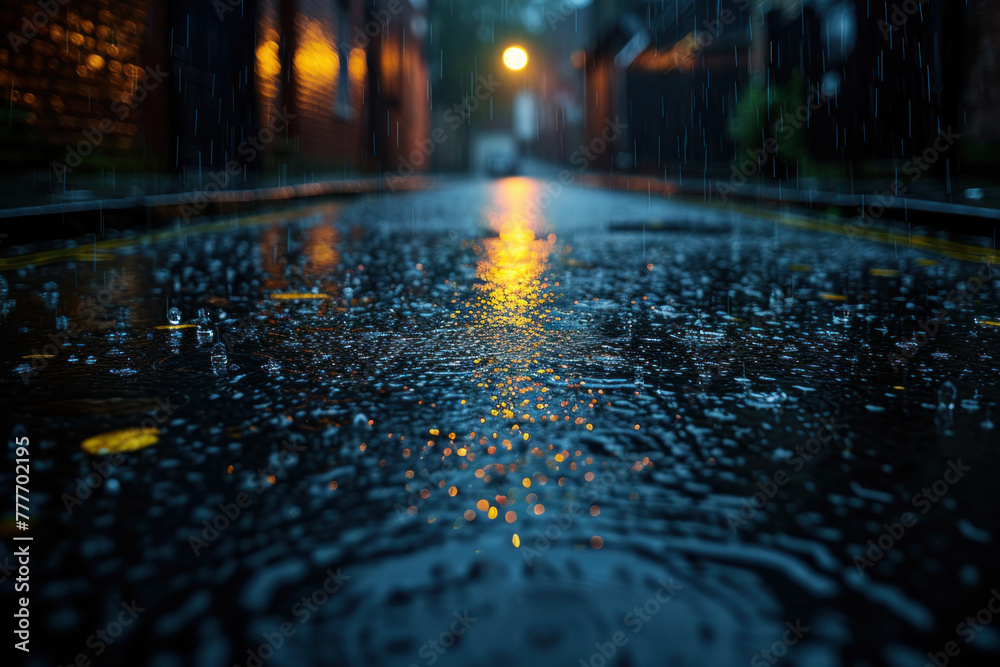 Wet night street with rain drops