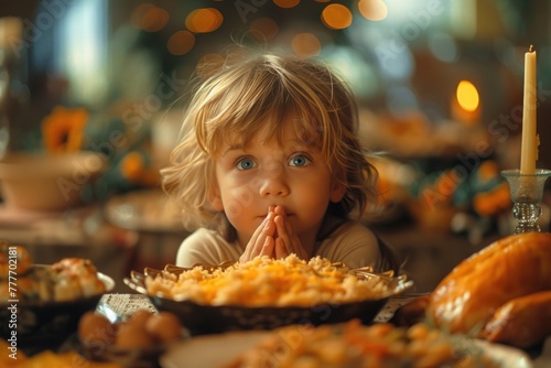Little girl sitting at food-covered table