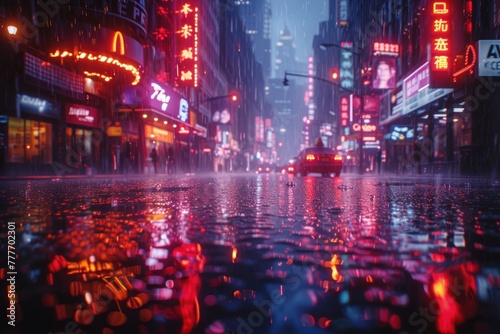 Rainy city night with neon lights