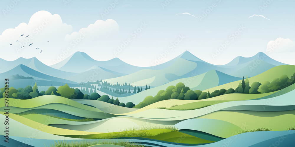 Cartoon illustration of summer landscape with fields and green hills