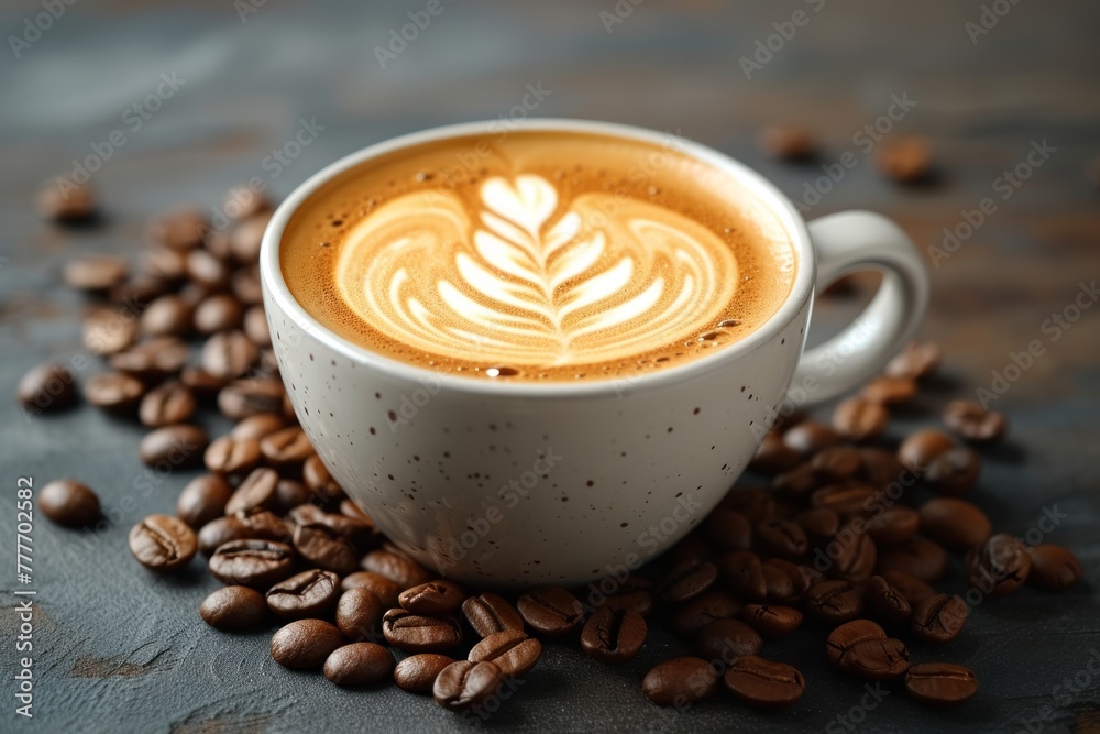 Coffee cup surrounded by coffee beans Coffee cup surrounded by coffee beans