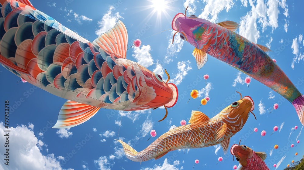 Koi fish hanging on a rope with blue sky and white clouds. Concept of Celebrate Golden Week in Japan or National Koi Day - obrazy, fototapety, plakaty 