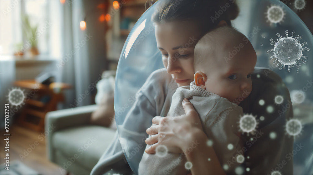Mother take care of her child, in the room flying viruses.