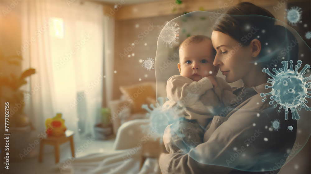 Mother take care of her child, in the room flying viruses.