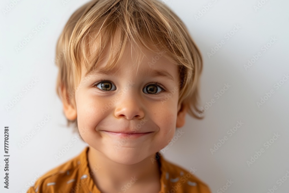 Smiling Boy with Golden Hair on White Background. Generative AI. Smiling Boy with Golden Hair on White Background. Generative AI.