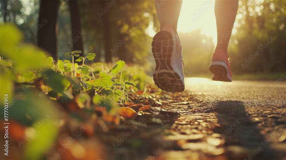 Person walking or running through the forest path.