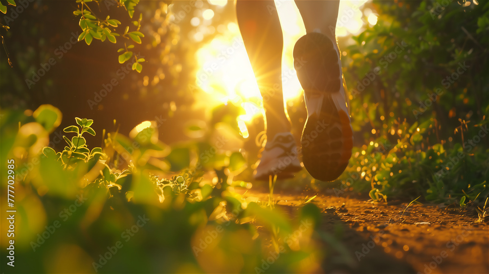 Person walking or running through the forest path.