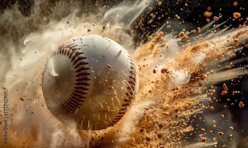 A speeding baseball in an explosive moment captured. Baseball in a dynamic explosion of dust around in a moment of intensity and power.