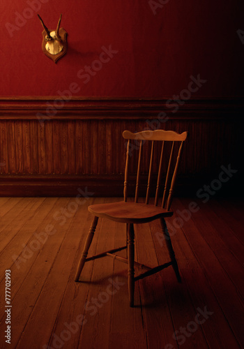 Vintage rustic interior with wooden chair, wooden floor, paneling, deer skull on the wall.