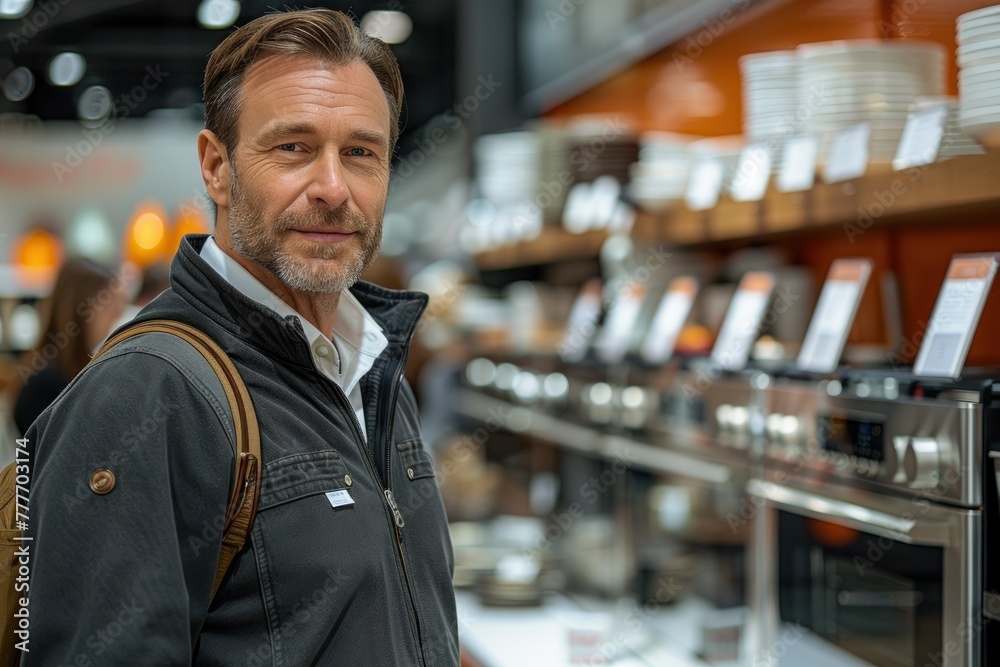 Man standing in front of coffee cup display Man standing in front of coffee cup display