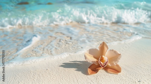 A crisp, clear day at the beach, an exquisite orchid lying on the pristine white sand with copy space