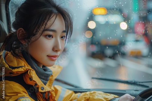 Woman driving car in rain