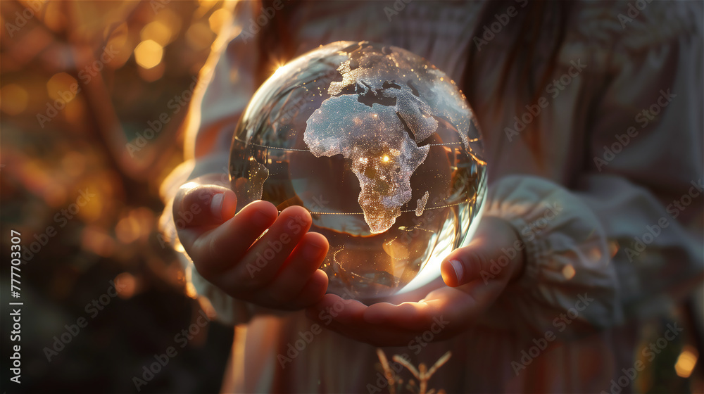 Close up of a person holding a glass earth ball.