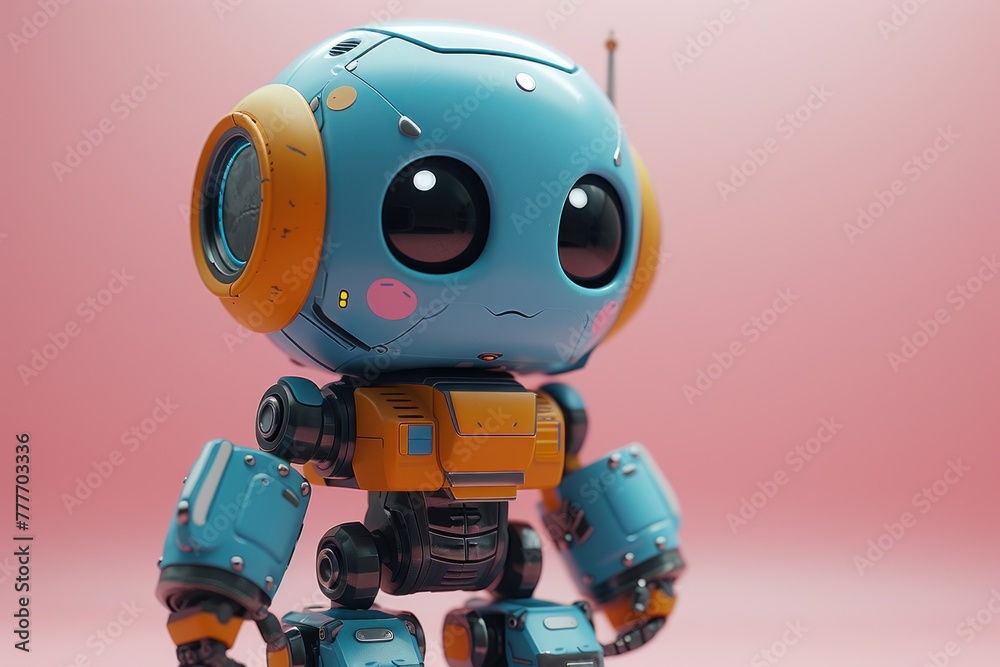 Toy robot standing on pink background