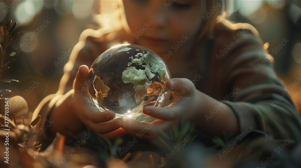 Close up of a person holding a glass earth ball.