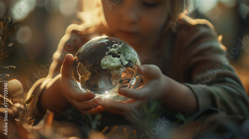 Obraz na płótnie Close up of a person holding a glass earth ball. w salonie