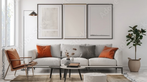 mock poster frame with modern interior background   living room   Scandinavian style   3D render.