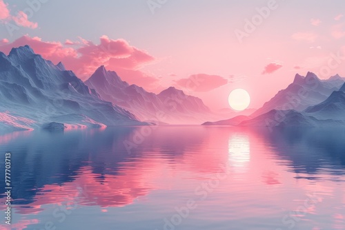 3D illustration of a minimalist geometric landscape with mountains, a lake, and a clear sky, using soft pastel colors for a calming effect