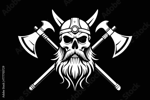 Two crossed axes frame a viking-style skull with a majestic, flowing beard taking center stage, embodying strength and valor