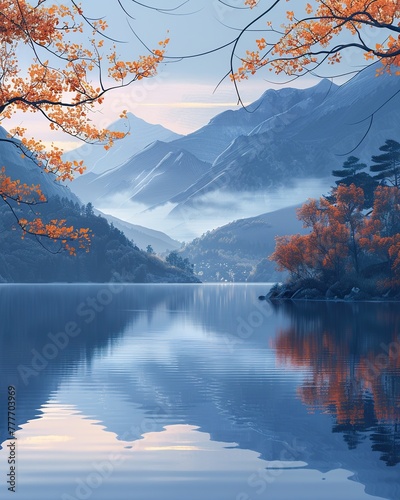 Misty lakeside at dawn  calm water  early morning  tranquil nature. wallpaper  background