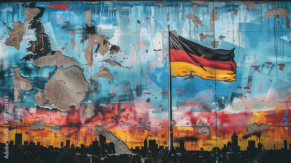 Graffiti painted on a shabby wall depicting cheering fans of the national football team.