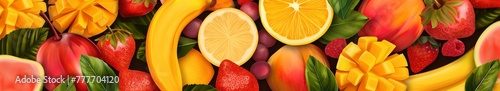 label seamless artwork, no text, split into colored sections with strawberry’s, bananas, grapefruit, mangos