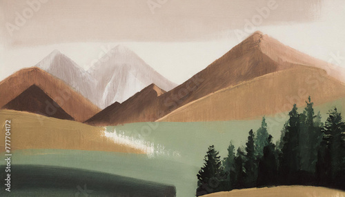 Traditional, vintage and rustic muted colour design art of mist mountain background with river