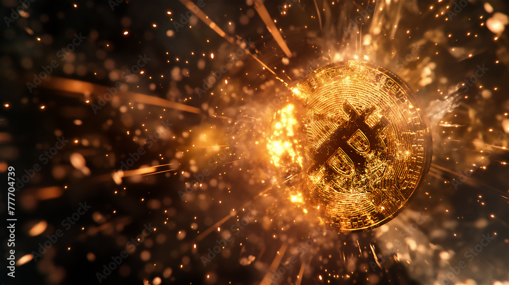 Exploding a coin of cryptocurrency Bitcoin.