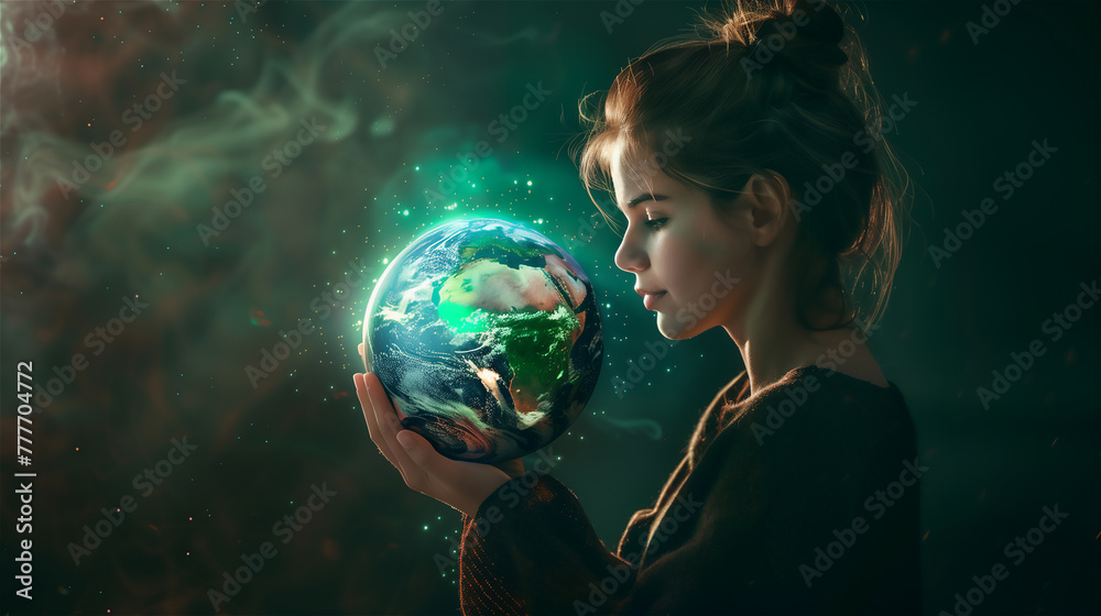 Woman holding earth globe.