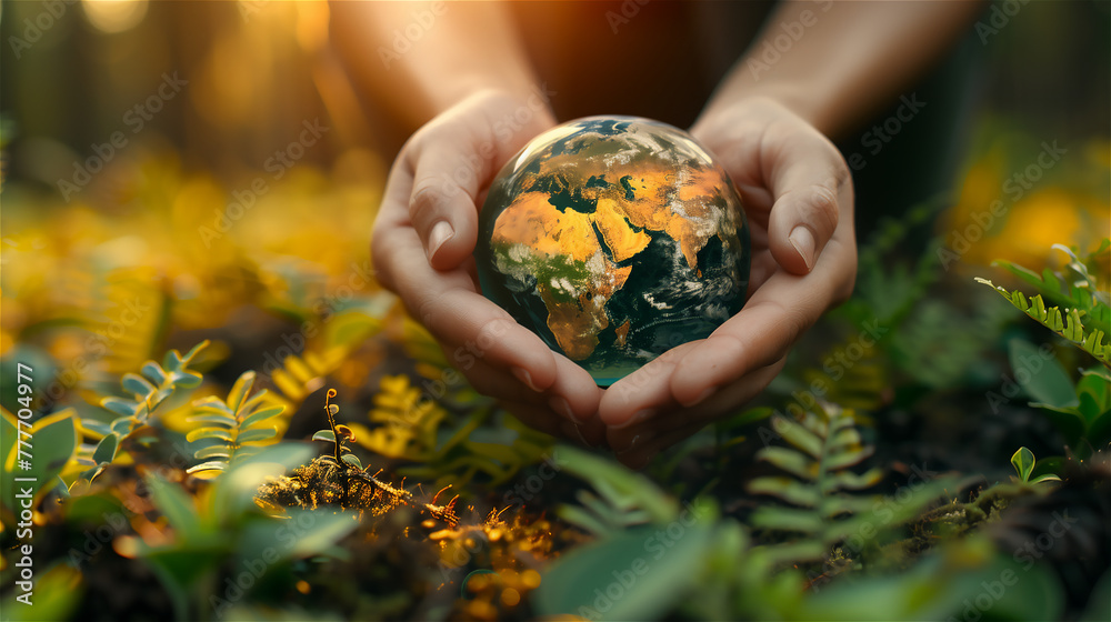 A glass globe in hands, as a symbol of care and concern for our only earth.
