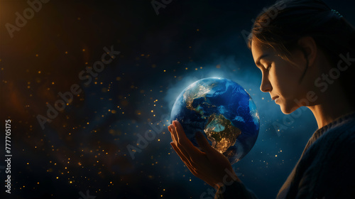Woman holding earth globe.