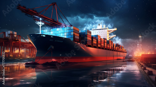 Cargo ship in port at dusk, colorful containers, neon lights, dramatic sky