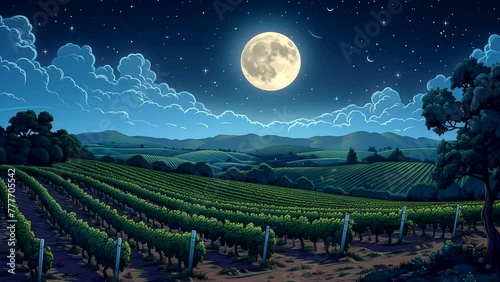 Plantation at night under the starry sky and full moon. seamless looping 4k time-lapse animation video background