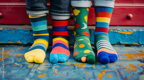 Colorful socks on feet as a symbol of  World Down Syndrome Day - 21 March.