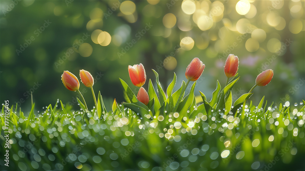A cluster of pink tulips on a park or garden lawn, bathed in morning dew with a beautiful bokeh effect in the background.
