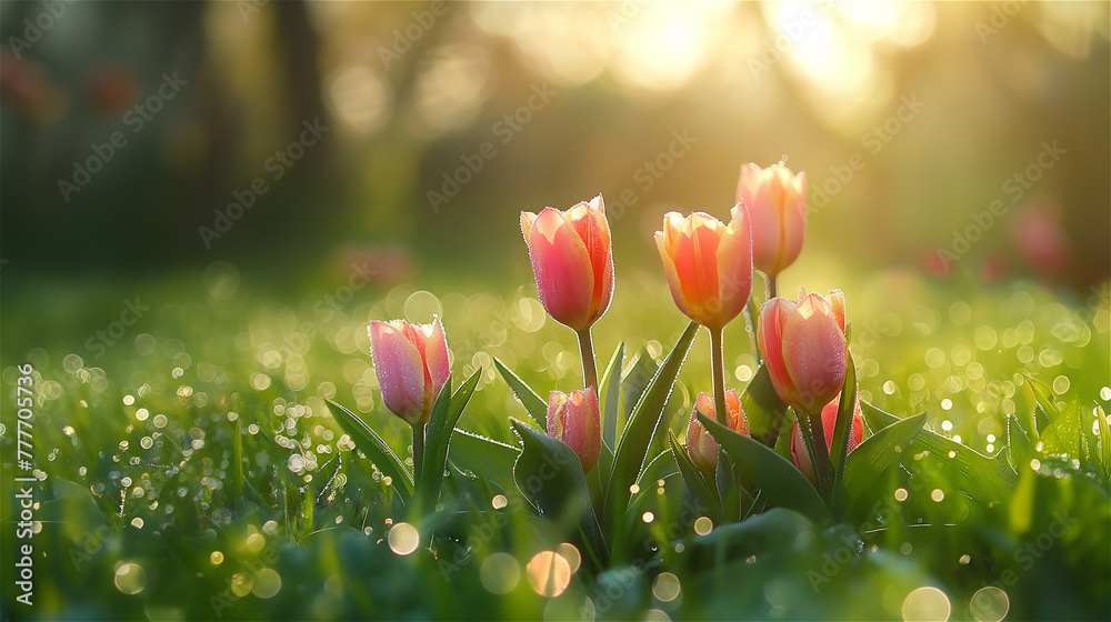 A cluster of pink tulips on a park or garden lawn, bathed in morning dew with a beautiful bokeh effect in the background.