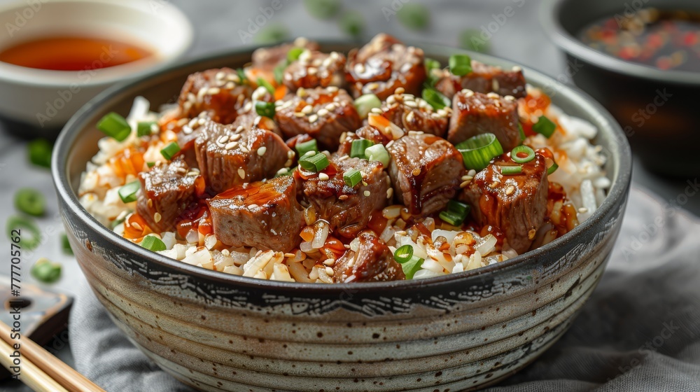 A macro of a dish with rice and utensils next to a sauce container and utensils A macro of a dish with rice and utensils next to a sauce container and utensils