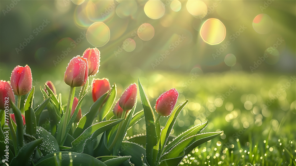 A cluster of pink tulips on a park or garden lawn, bathed in morning dew with a beautiful bokeh effect in the background.