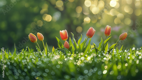Obraz na płótnie A cluster of pink tulips on a park or garden lawn, bathed in morning dew with a beautiful bokeh effect in the background. w salonie