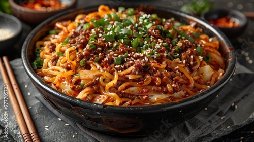   Close-up of a bowl of food with chopsticks on a table next to a bowl of noodles