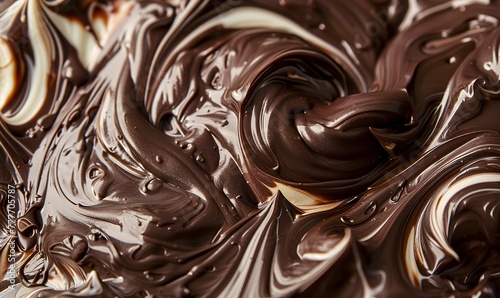 Close-up of dark and milk chocolate swirls in liquid indulgence. Delicious chocolate swirled into creamy perfection.