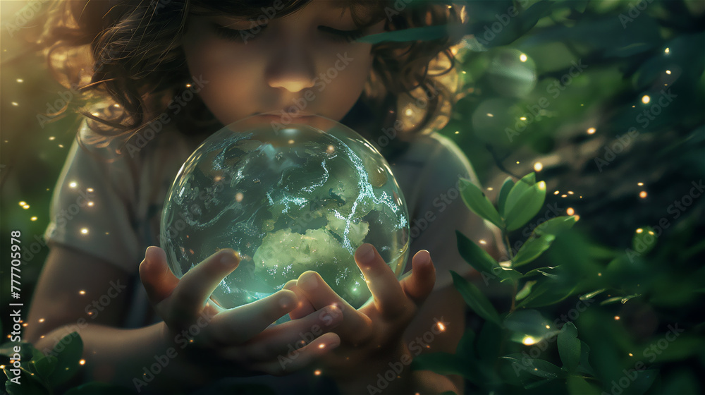 Close up of a kid holding a glossy glass earth ball.