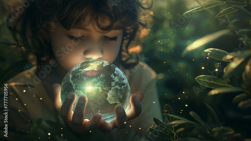Obraz na płótnie Close up of a kid holding a glossy glass earth ball. w salonie