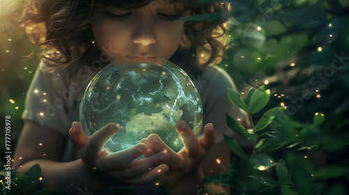 Obraz na płótnie Close up of a kid holding a glossy glass earth ball. w salonie